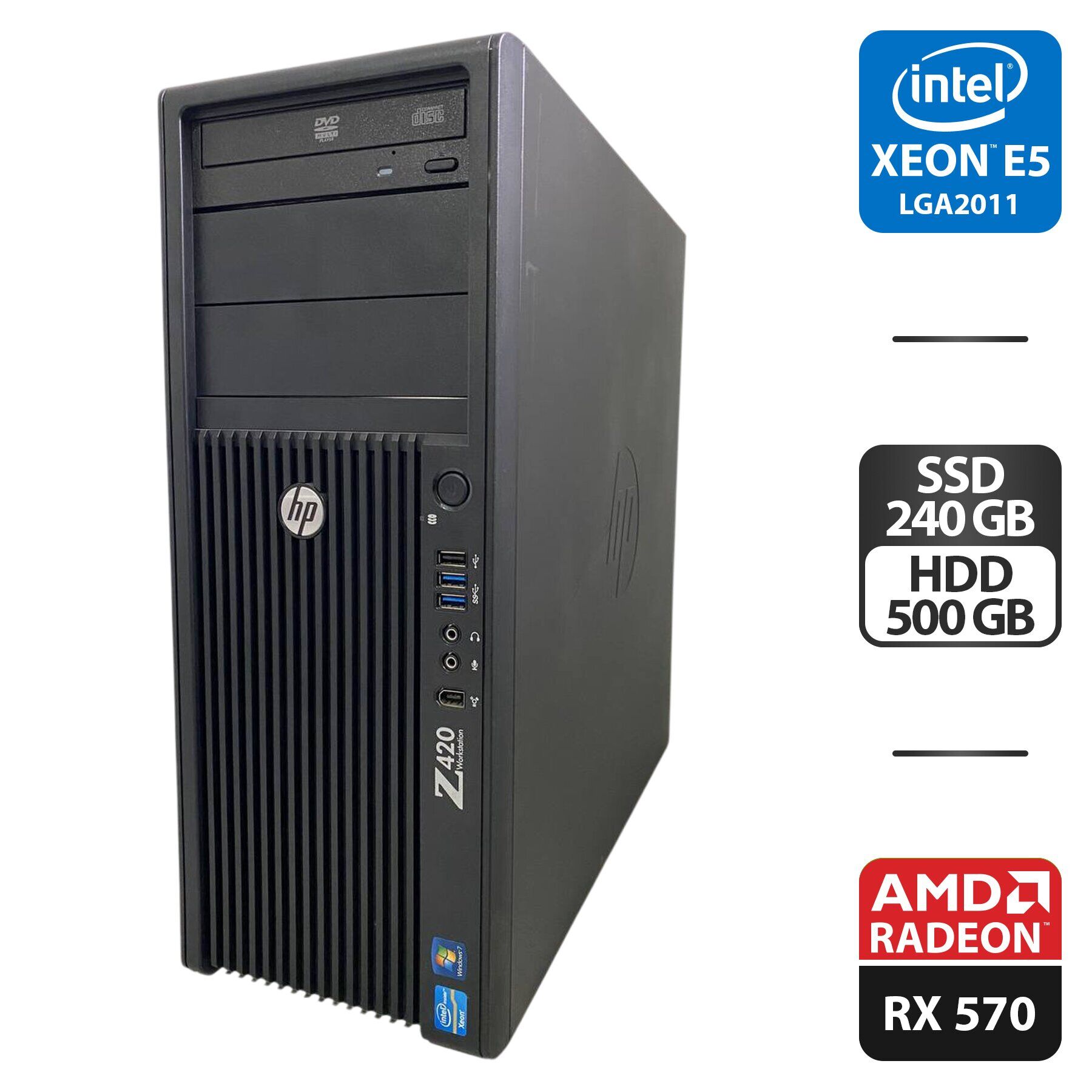 Робоча станція HP Z420 Workstation Tower / Intel Xeon E5-2690 (8 (16) ядер по 2.9 - 3.8 GHz) / 64 GB DDR3 / 240 GB SSD + 500 GB HDD / AMD Radeon RX 570, 8 GB GDDR5, 256-bit / DVD-ROM