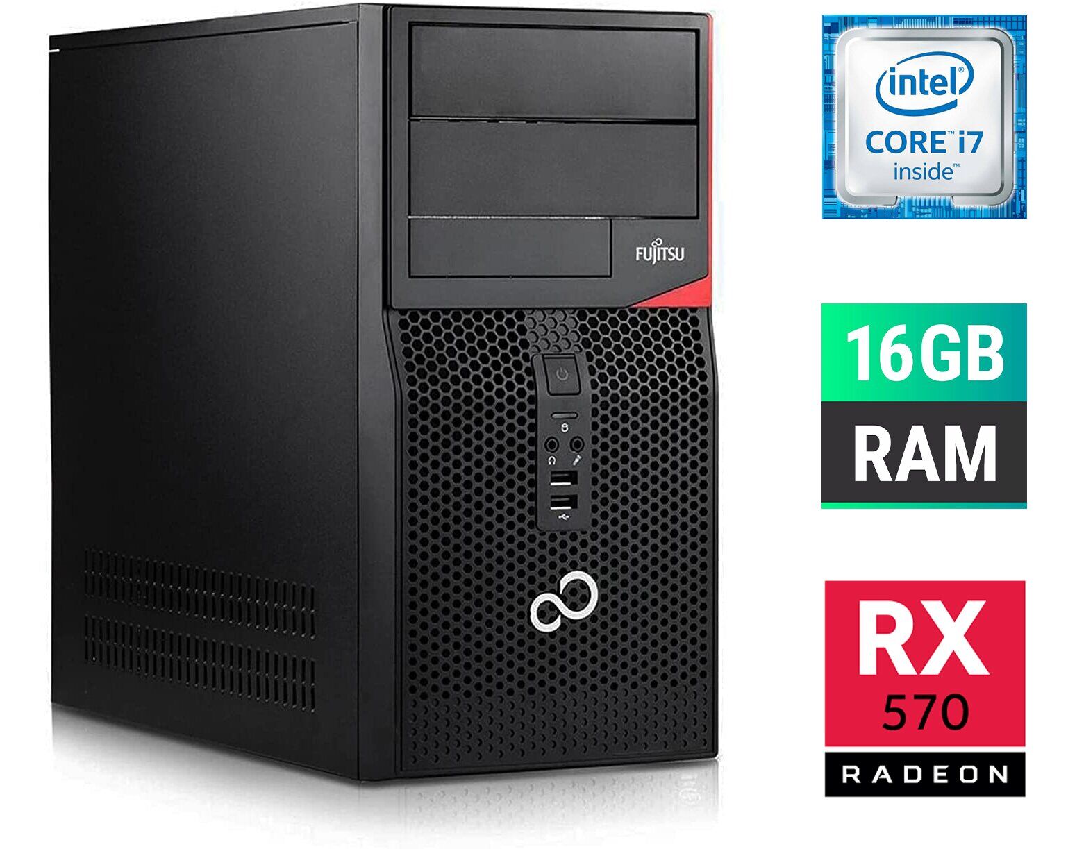 Ігровий ПК Fujitsu Tower / Intel Core i7-6700 (4 (8) ядра по 3.4 - 4.0 GHz) / 16 GB DDR4 / 500 GB SSD / AMD Radeon RX 570, 4 GB GDDR5, 256-bit + Windows 10 в подарунок