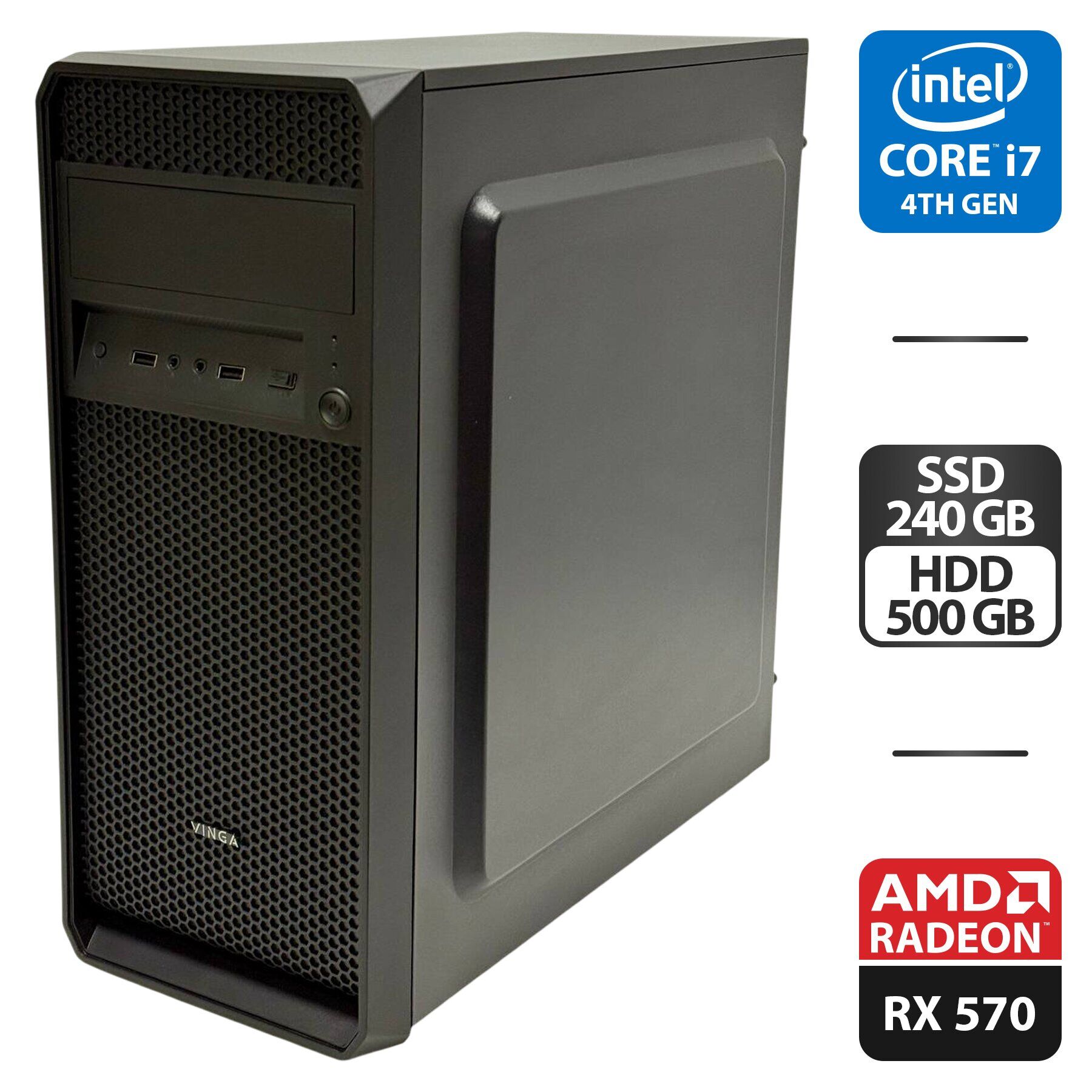 Комп'ютер Vinga CS 210B Tower / Intel Core i7-4790S (4 (8) ядра по 3.2 - 4.0 GHz) / 16 GB DDR3 / 240 GB SSD + 1000 GB HDD / AMD Radeon RX 570, 4 GB GDDR5, 256-bit / 400W