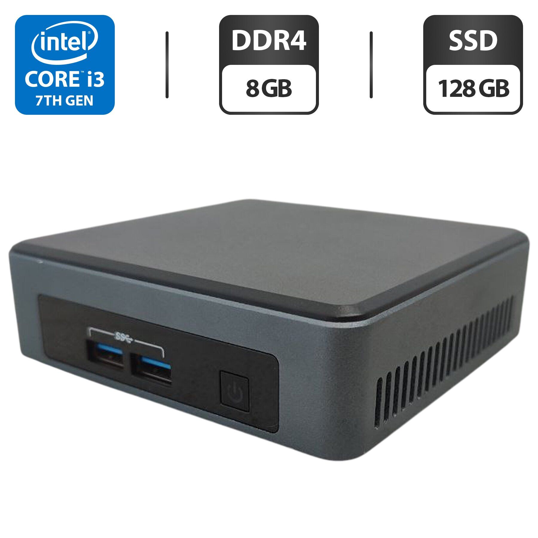 Неттоп Intel NUC (NUC7I3DNK) USFF / Intel Core i3-7100U (2 (4) ядра по 2.4 GHz) / 8 GB DDR4 / 128 GB SSD / Intel HD Graphics 620 / Wi-Fi / Bluetooth + Блок живлення