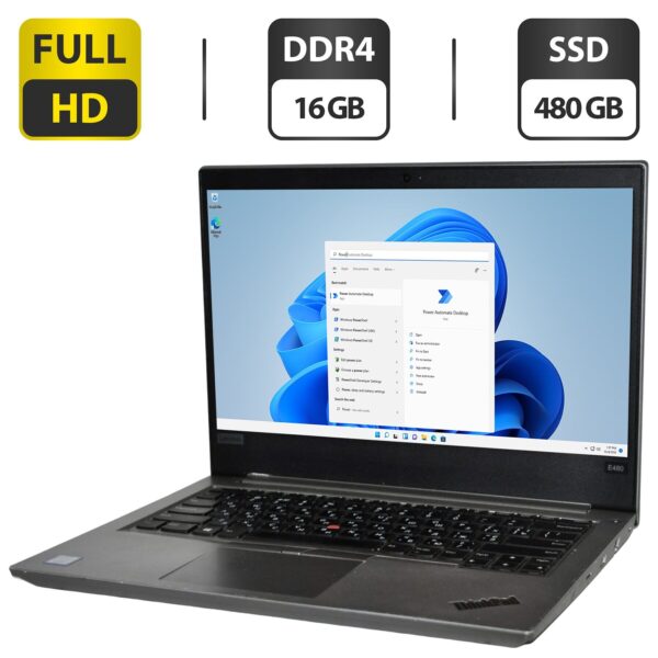 Ноутбук Б-клас Lenovo ThinkPad E480 / 14" (1920x1080) IPS / Intel Core i5-7200U (2 (4) ядра по 2.5 - 3.1 GHz) / 16 GB DDR4 / 480 GB SSD / Intel UHD Graphics 620 / WebCam / Windows 11 Pro