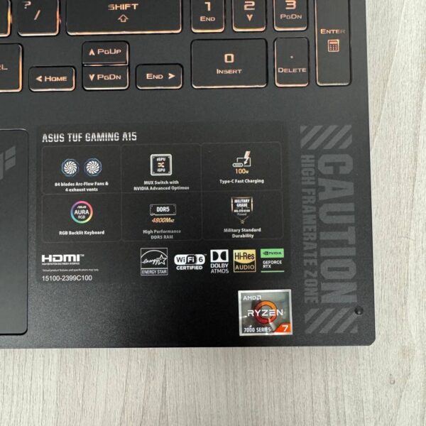 Ігровий ноутбук Asus TUF Gaming A15 FA507NV / 15.6" (1920x1080) IPS / AMD Ryzen 7 7735HS (8 (16) ядер по 3.2 - 4.75 GHz) / 16 GB DDR5 / 1000 GB SSD NVMe / nVidia GeForce RTX 4060, 8 GB GDDR6, 128-bit / WebCam - Зображення 8