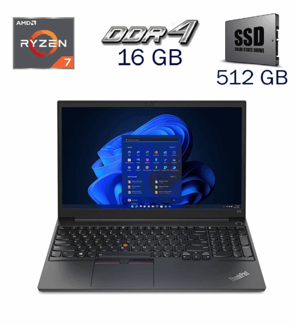 Ультрабук Б-клас Lenovo ThinkPad E15 Gen 3 / 15.6" (1920x1080) IPS / AMD Ryzen 7 5700U (8 (16) ядер по 1.8 - 4.3 GHz) / 16 GB DDR4 / 512 GB SSD / AMD Radeon Graphics / WebCam / Windows 11