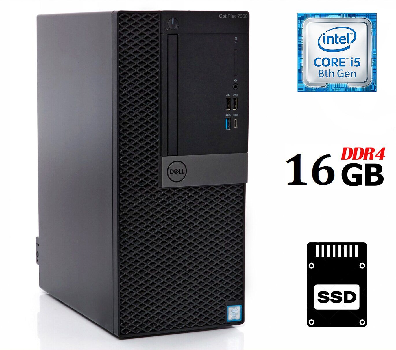 Комп'ютер Б-клас Dell OptiPlex 7060 Tower / Intel Core i5-8500 (6 ядер по 3.0 - 4.1 GHz) / 16 GB DDR4 / 240 GB SSD / Intel UHD Graphics 630 / 260W / USB 3.1 / DisplayPort