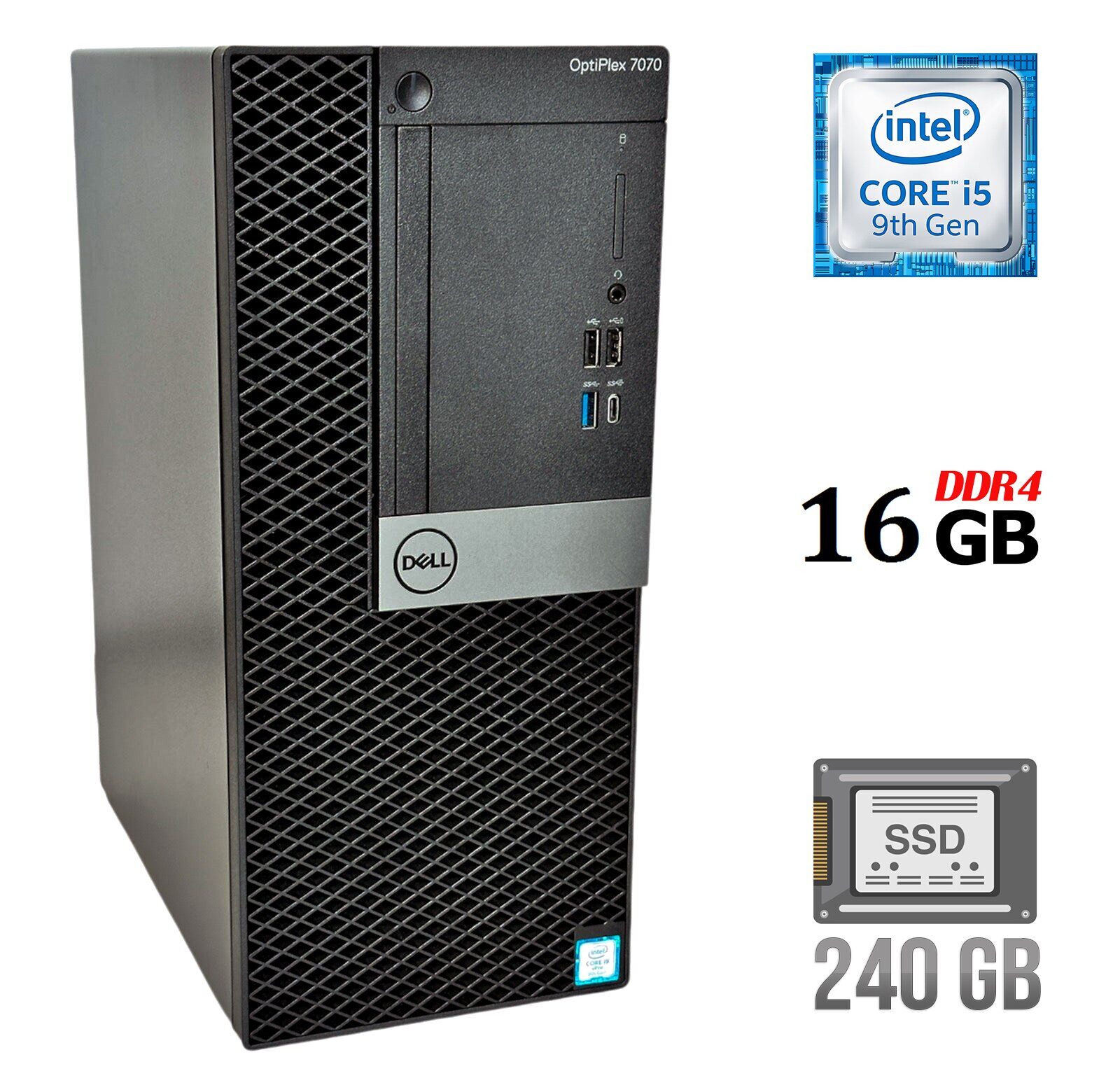 Комп'ютер Б-клас Dell OptiPlex 7070 Tower / Intel Core i5-9500 (6 ядер по 3.0 - 4.4 GHz) / 16 GB DDR4 / 240 GB SSD / Intel UHD Graphics 630 / 260W / DisplayPort