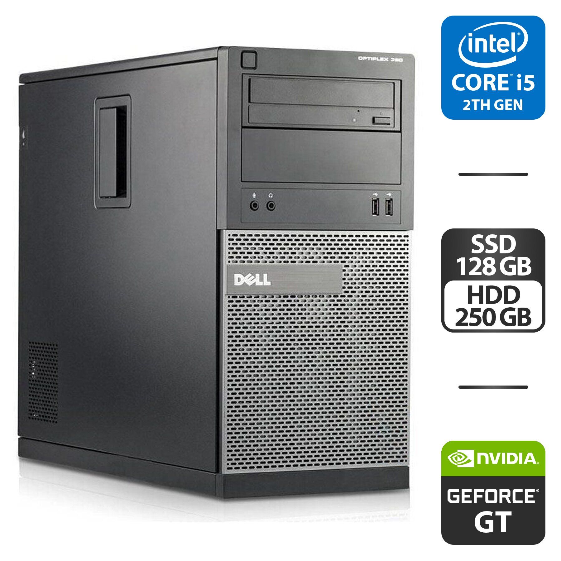 Комп'ютер Dell OptiPlex 390 Tower / Intel Core i5-2500K (4 ядра по 3.3 - 3.7 GHz) / 16 GB DDR3 / 128 GB SSD + 250 GB HDD / nVidia GeForce GT 610, 2 GB GDDR3, 64-bit / DVD-ROM
