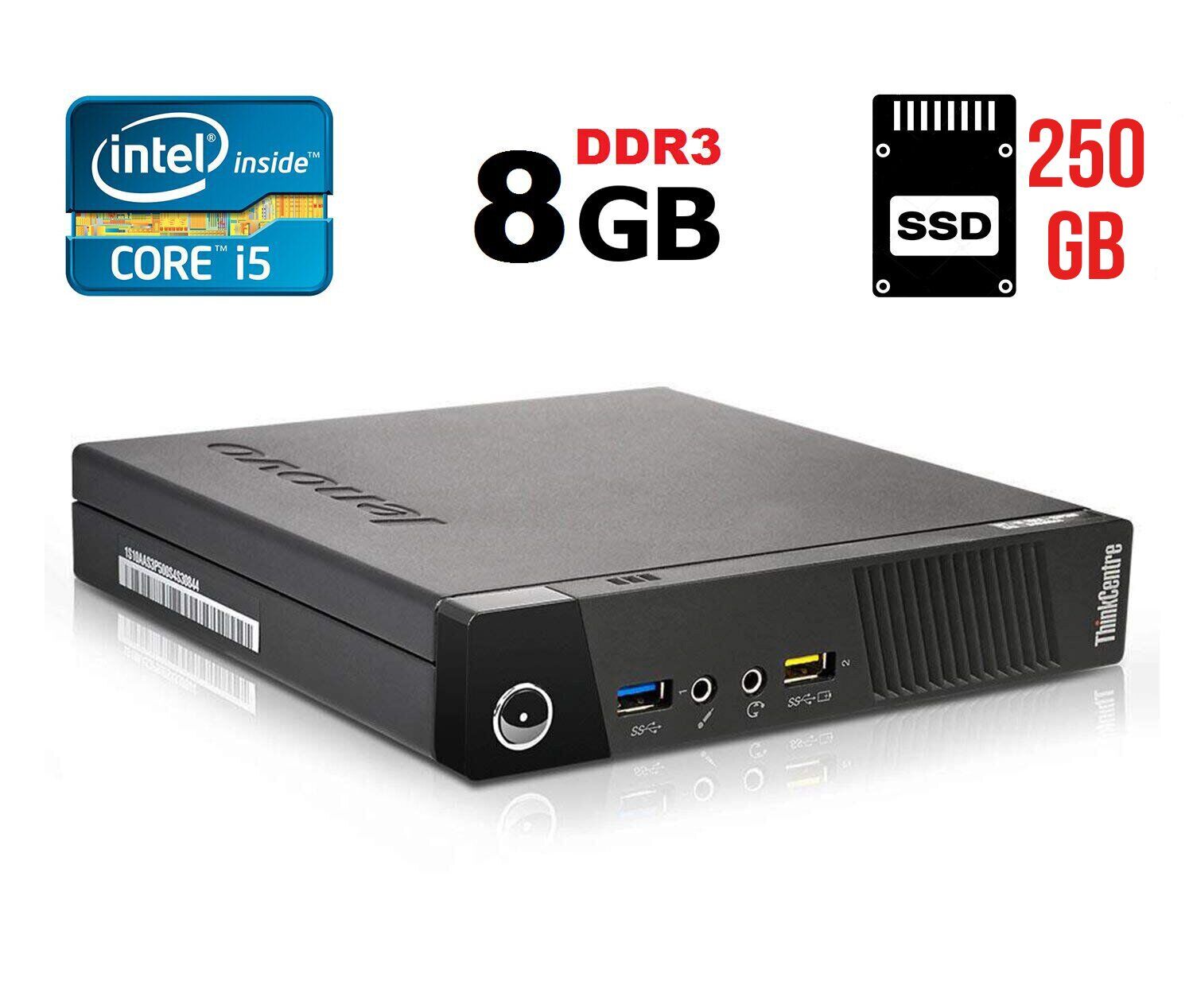 Неттоп Lenovo ThinkCentre M93p Tiny USFF / Intel Core i5-4570T (2 (4) ядра по 2.9 - 3.6 GHz) / 8 GB DDR3 / 250 GB SSD / Intel HD Graphics 4600 / DisplayPort / Блок живлення в комплекті