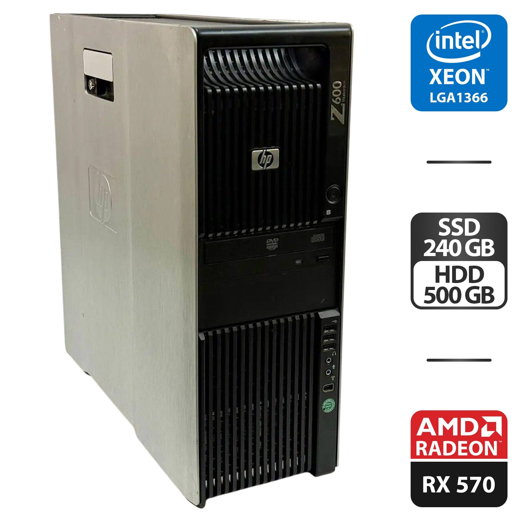 Робоча станція HP Z600 Workstation Tower / Intel Xeon E5520 (4 (8) ядра по 2.2 - 2.5 GHz) / 12 GB DDR3 / 240 GB SSD + 500 GB HDD / AMD Radeon RX 570, 4 GB GDDR5, 256-bit / DVD-ROM / 650W