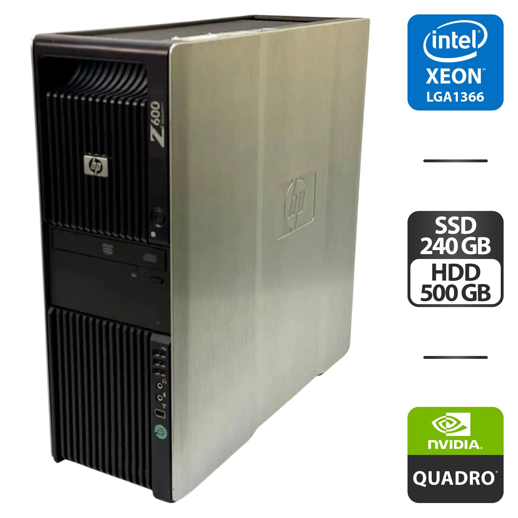 Робоча станція HP Z600 Workstation Tower / Intel Xeon E5520 (4 (8) ядра по 2.2 - 2.5 GHz) / 12 GB DDR3 / 240 GB SSD + 500 GB HDD / nVidia Quadro M2000, 4 GB GDDR5, 128-bit / DVD-ROM / 650W