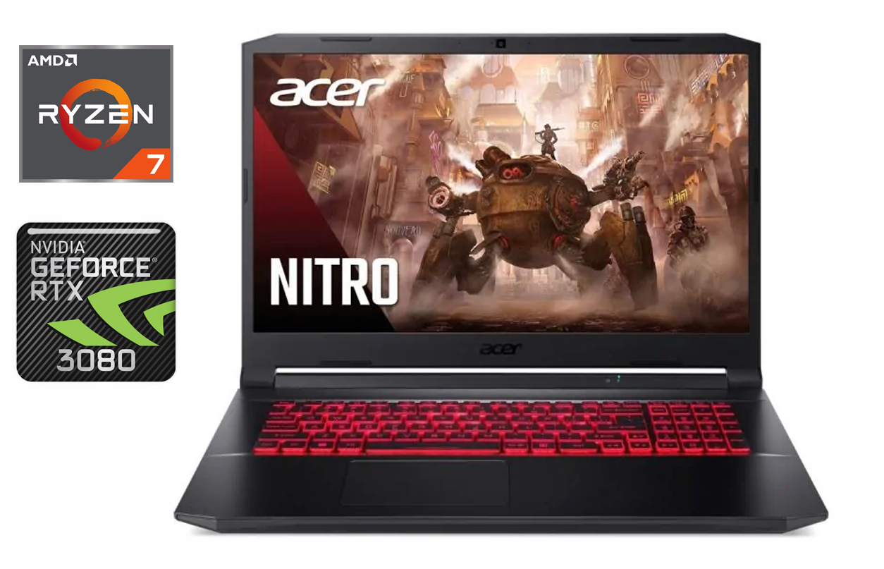 Ігровий ноутбук Acer Nitro 5 AN517-41 / 17.3" (1920x1080) IPS / AMD Ryzen 7 5800H (8 (16) ядер по 3.2 - 4.4 GHz) / 32 GB DDR4 / 512 GB SSD / nVidia GeForce RTX 3080, 8 GB GDDR6, 256-bit / WebCam / Windows 11