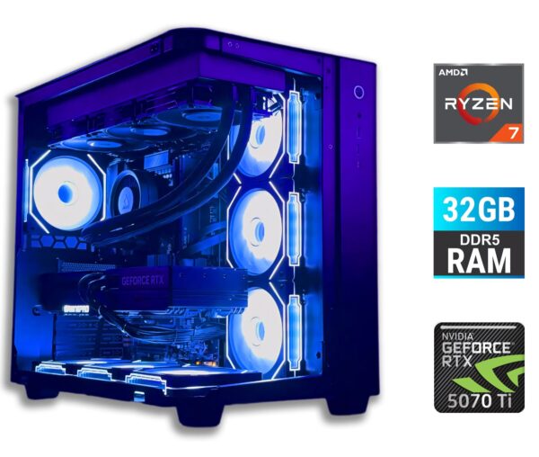 Ігровий ПК Tower / AMD Ryzen 7 7700 (8 (16) ядер по 3.8 - 5.3 GHz) / 32 GB DDR5 / 1000 GB SSD / nVidia GeForce RTX 5070 Ti, 16 GB GDDR7, 256-bit / 800W + Кабель живлення