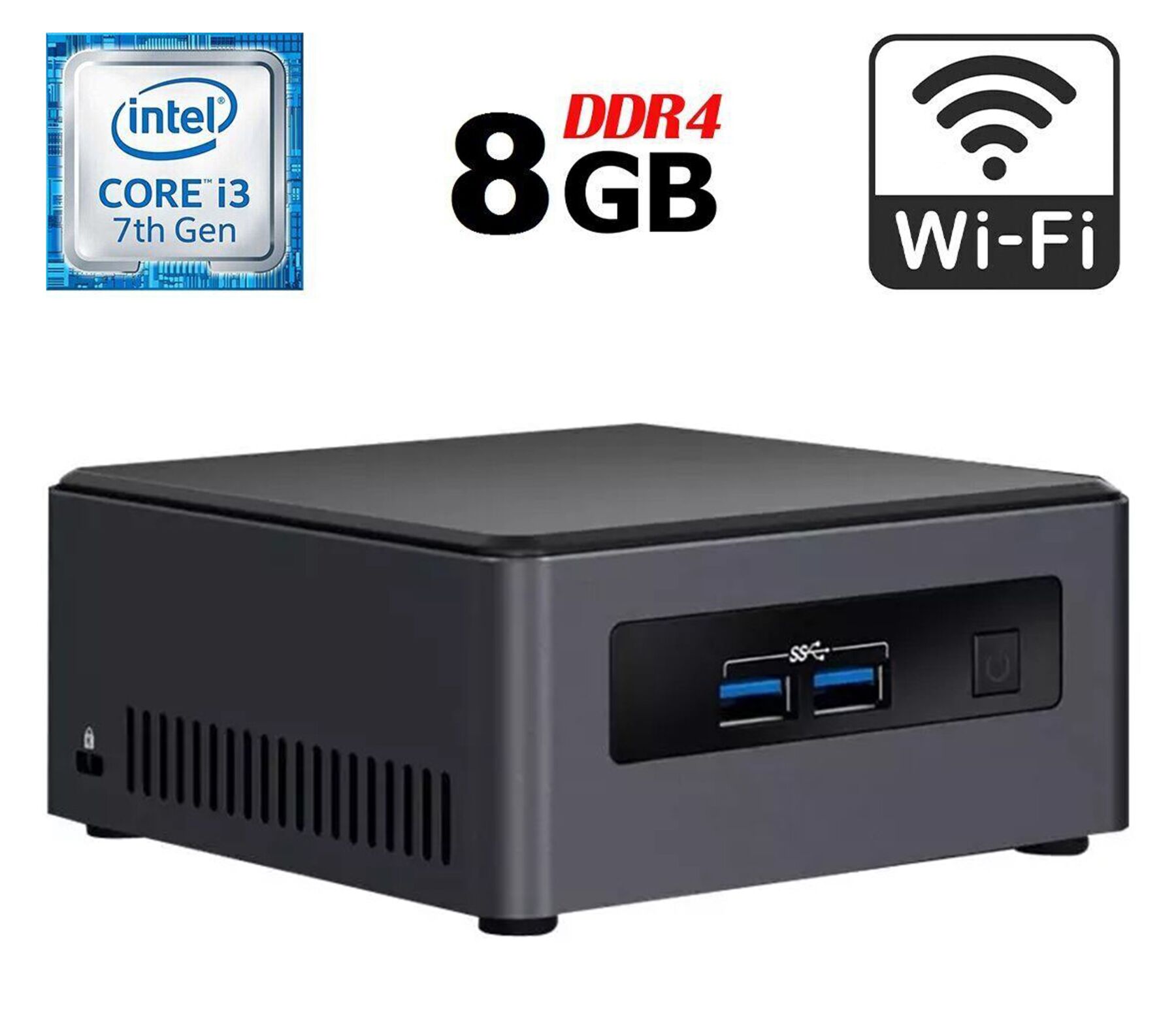 Неттоп Intel NUC NUC7i3DNH USFF / Intel Core i3-7100U (2 (4) ядра по 2.4 GHz) / 8 GB DDR4 / 250 GB SSD / Intel HD Graphics 620 / HDMI / Wi-Fi + Блок живлення