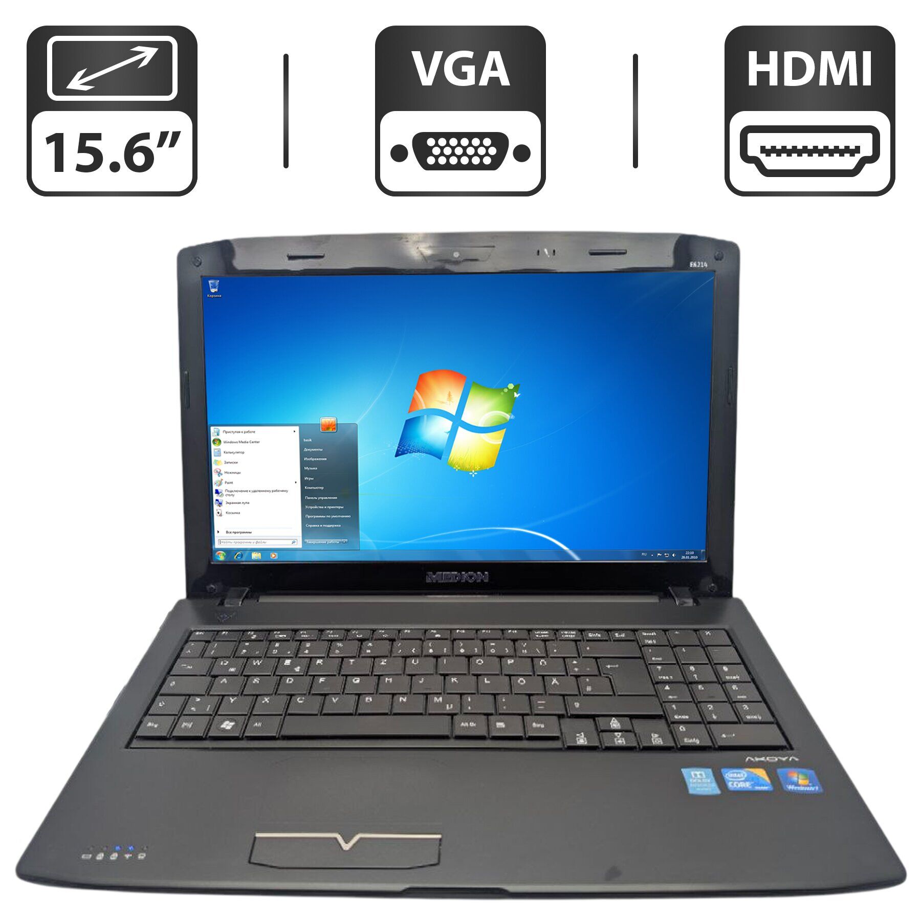 Ноутбук Medion Akoya E6214 / 15.6" (1366x768) TN / Intel Core i3-330M (2 (4) ядра по 2.13 GHz) / 6 GB DDR3 / 500 GB HDD / Intel HD Graphics / WebCam / DVD-ROM / АКБ не тримає