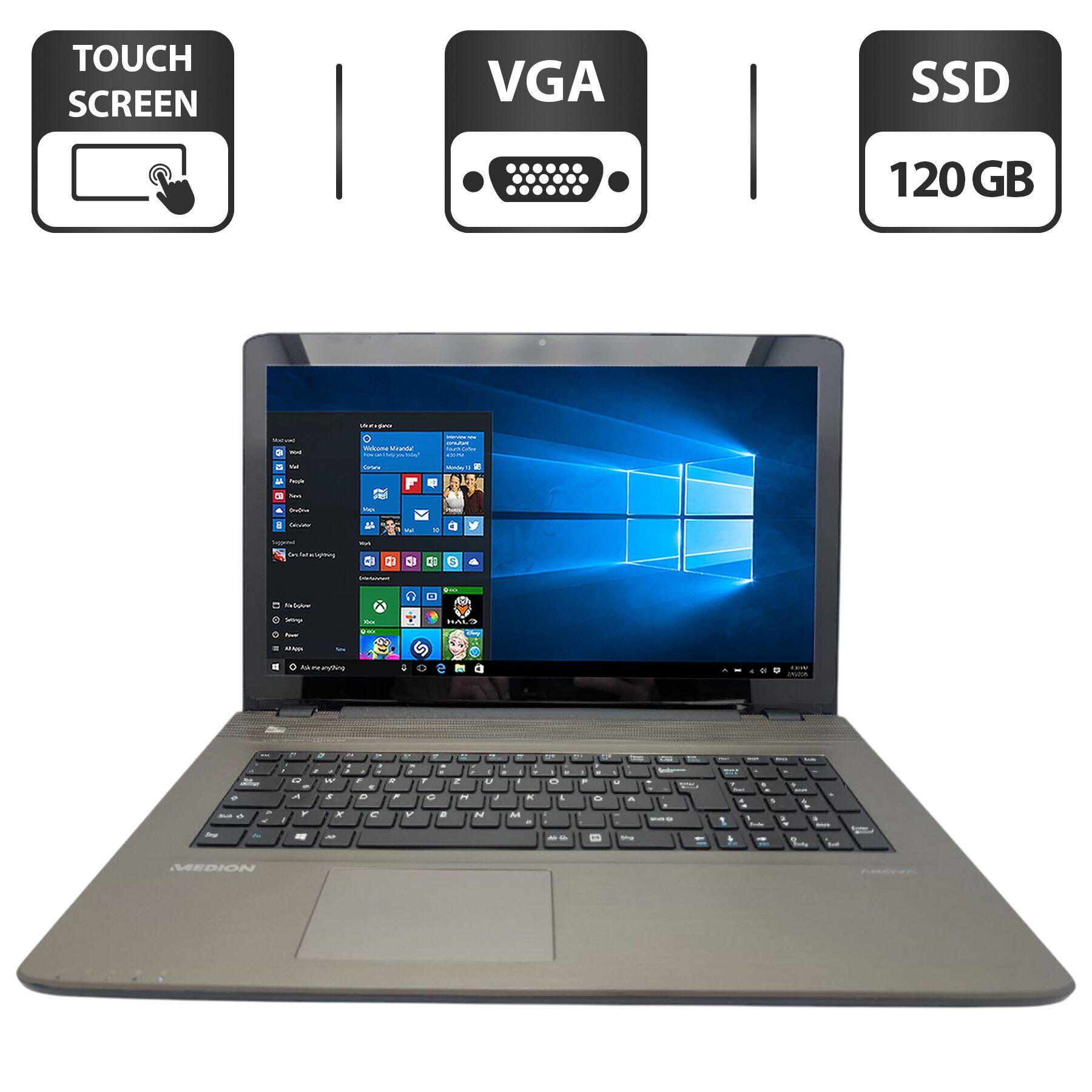 Ноутбук Medion Akoya E7416T / 17.3" (1600x900) TN Touch / Intel Pentium 3805U (2 ядра по 1.9 GHz) / 6 GB DDR3 / 120 GB SSD / Intel HD Graphics / WebCam / DVD-ROM