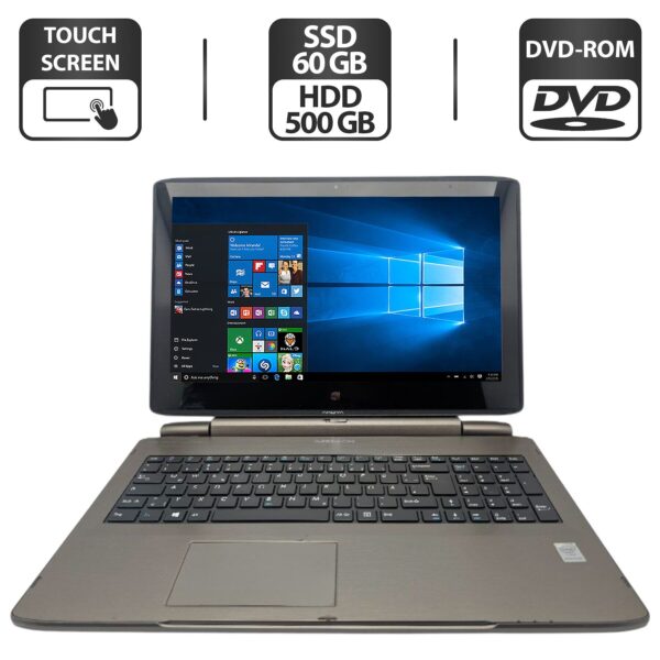 Ноутбук Medion S6214T / 15.6" (1366x768) TN Touch / Intel Pentium N3540 (4 ядра по 2.16 - 2.66 GHz) / 4 GB DDR3 / 60 GB SSD + 500 GB HDD / Intel HD Graphics / WebCam / DVD-ROM / АКБ не тримає