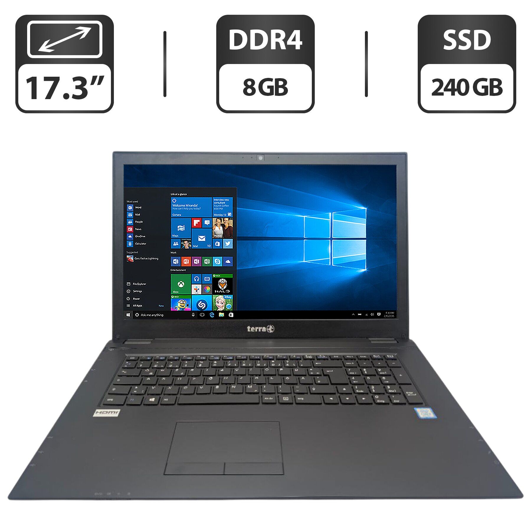 Ноутбук Terra Mobile 1715 / 17.3" (1600x900) TN / Intel Core i5-8250U (4 (8) ядра по 1.6 - 3.4 GHz) / 8 GB DDR4 / 240 GB SSD / Intel UHD Graphics 620 / WebCam / DVD-ROM