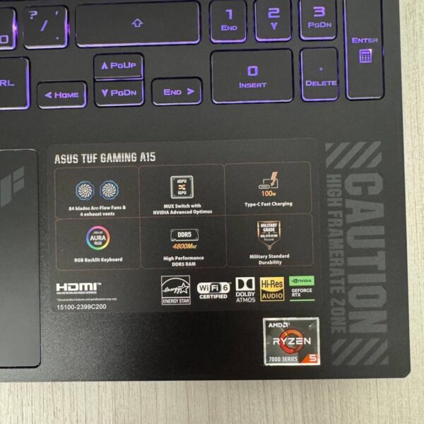Ігровий ноутбук Asus TUF Gaming A15 FA507NU / 15.6" (1920x1080) IPS / AMD Ryzen 5 7535HS (6 (12) ядер по 3.3 - 4.55 GHz) / 16 GB DDR5 / 512 GB SSD NVMe / nVidia GeForce RTX 4050, 6 GB GDDR6, 96-bit / WebCam - Зображення 7