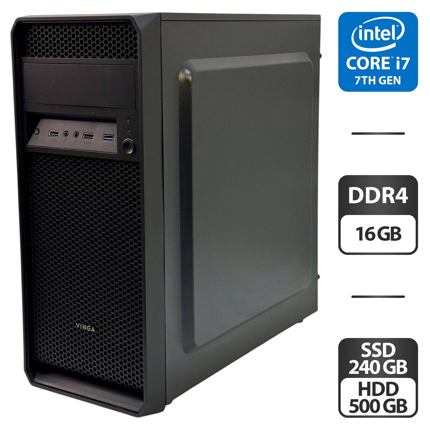 Комп'ютер Vinga CS 210B Tower / Intel Core i7-7700 (4 (8) ядра по 3.6 - 4.2 GHz) / 16 GB DDR4 / 240 GB SSD + 500 GB HDD / Intel HD Graphics 630 / 400W