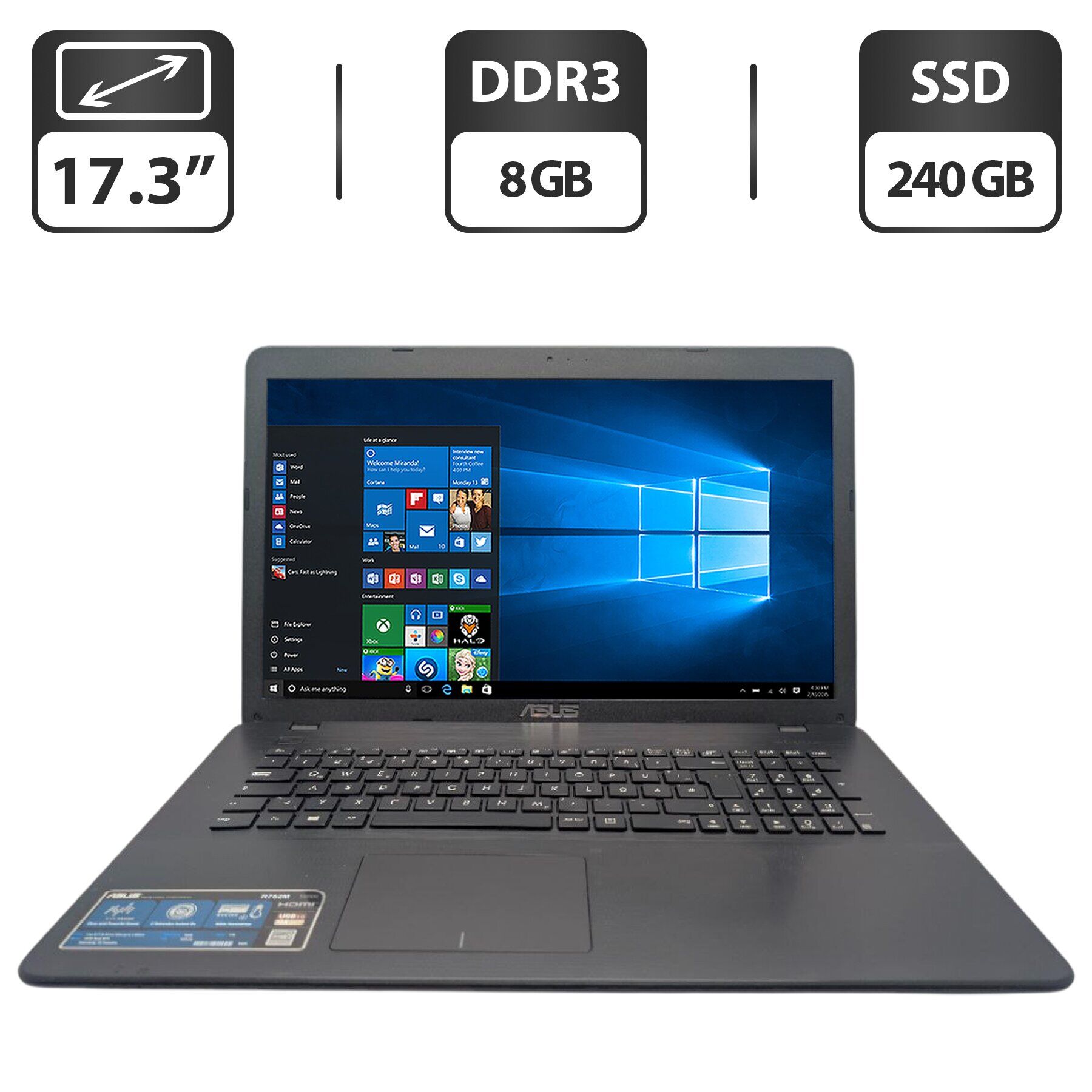 Ноутбук Asus R752M / 17.3" (1600x900) TN / Intel Pentium N3540 (4 ядра по 2.16 - 2.66 GHz) / 8 GB DDR3 / 240 GB SSD / Intel HD Graphics / WebCam / DVD-ROM