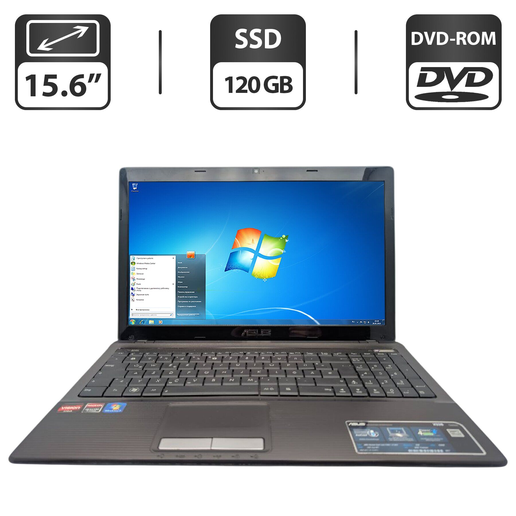 Ноутбук Asus X53B / 15.6" (1366x768) TN / AMD E-350 (2 ядра по 1.6 GHz) / 6 GB DDR3 / 120 GB SSD / AMD Radeon HD 6310 Graphics / WebCam / DVD-ROM