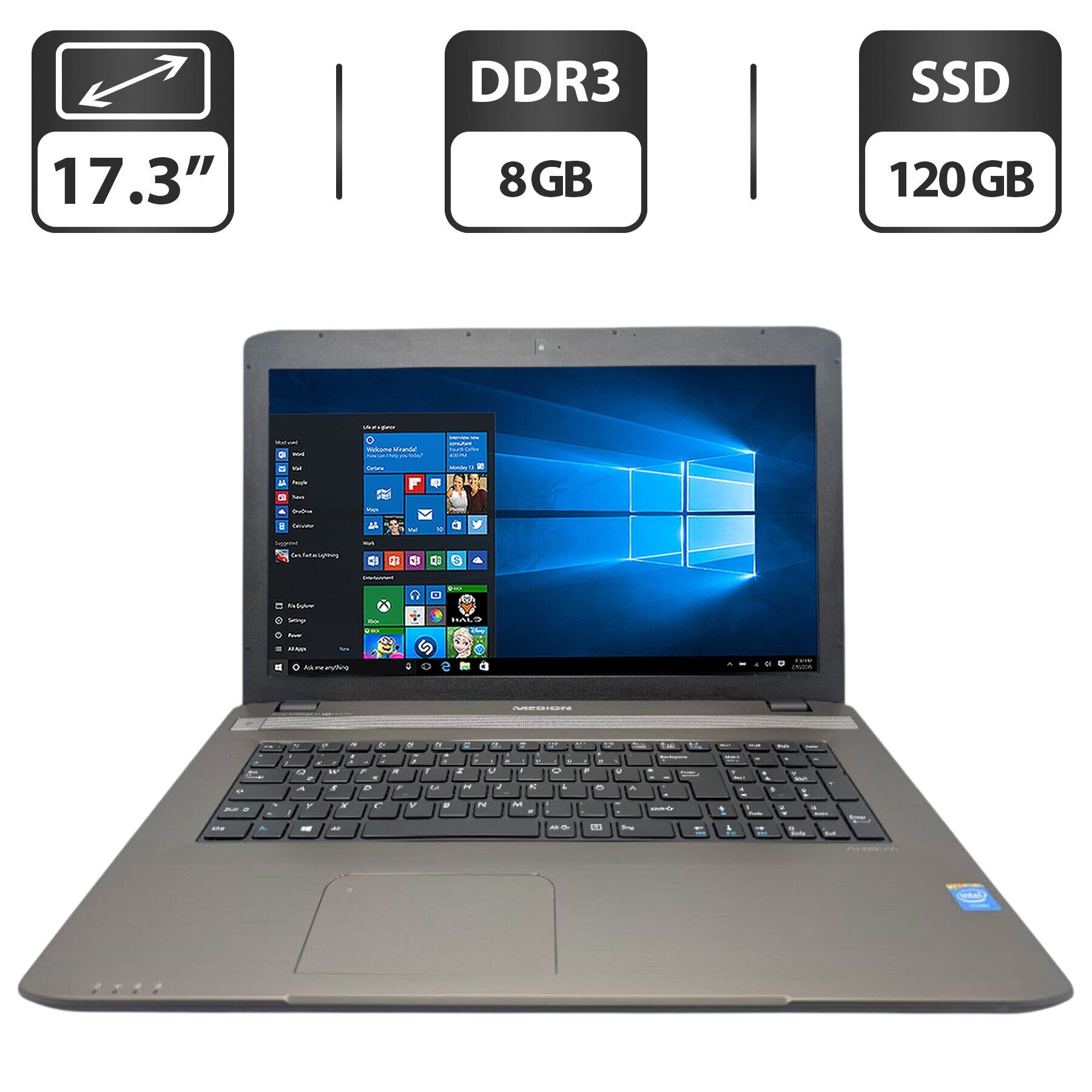 Ноутбук Medion Akoya E7226 / 17.3" (1600x900) TN / Intel Celeron N2930 (4 ядра по 1.83 - 2.16 GHz) / 8 GB DDR3 / 120 GB SSD / Intel HD Graphics / WebCam / АКБ не тримає