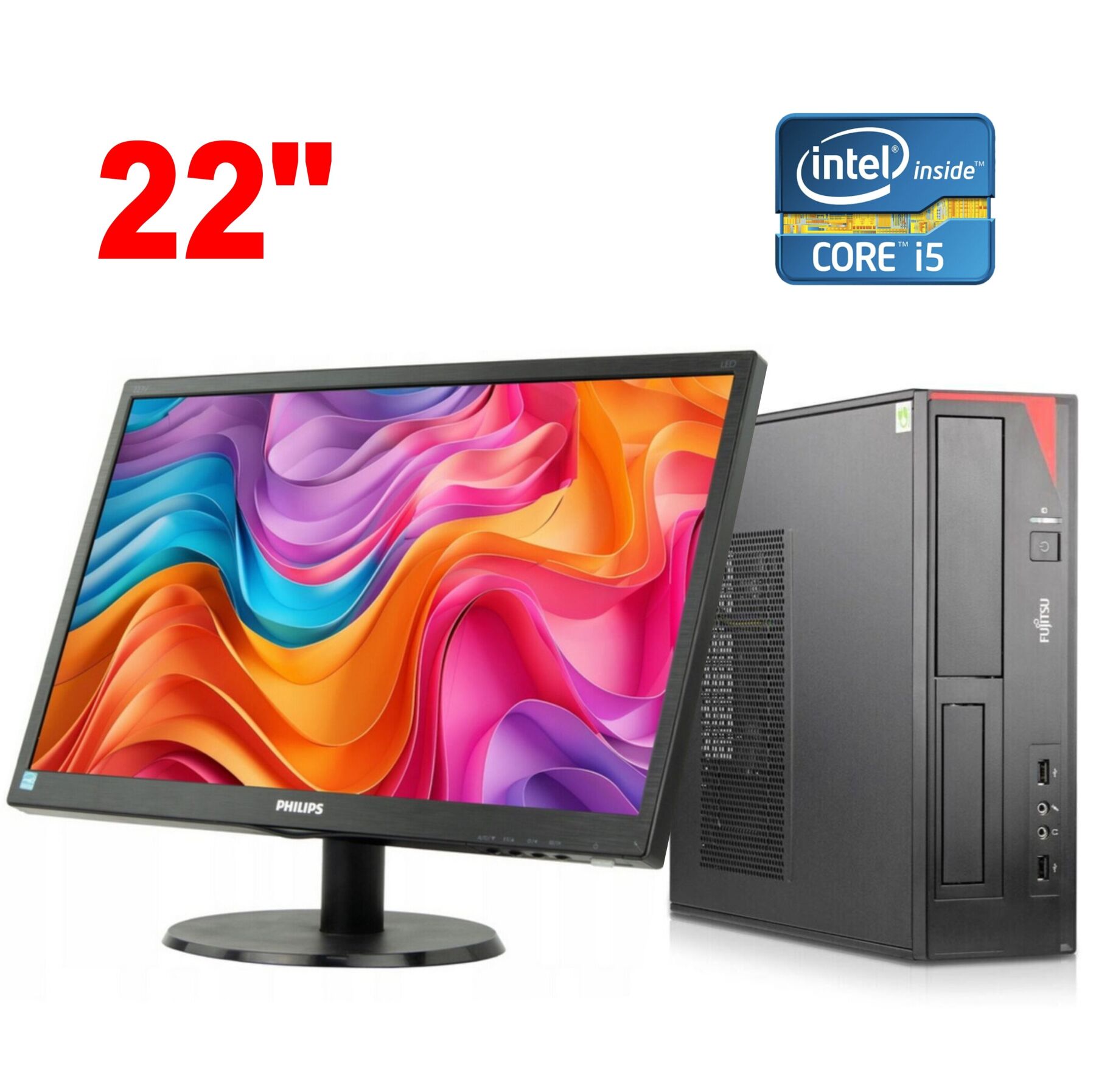 Комплект ПК Б-клас: Fujitsu Esprimo E420 E85+ SFF / Intel Core i5-4670 (4 ядра по 3.4 - 3.8 GHz) / 8 GB DDR3 / 240 GB SSD / Intel HD Graphics 4600 + Монітор Philips 223V5L / 22" (1920x1080) TN / 1x VGA / VESA 100x100