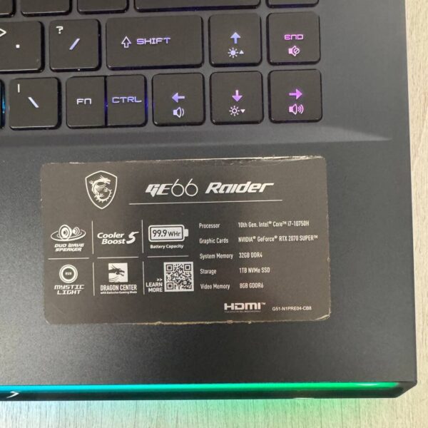 Ігровий ноутбук MSI GE66 Raider 10SFS / 15.6" (1920x1080) IPS / Intel Core i7-10750H (6 (12) ядер по 2.6 - 5.0 GHz) / 32 GB DDR4 / 1000 GB SSD NVMe / nVidia GeForce RTX 2070 Super, 8 GB GDDR6, 256-bit / WebCam - Зображення 9