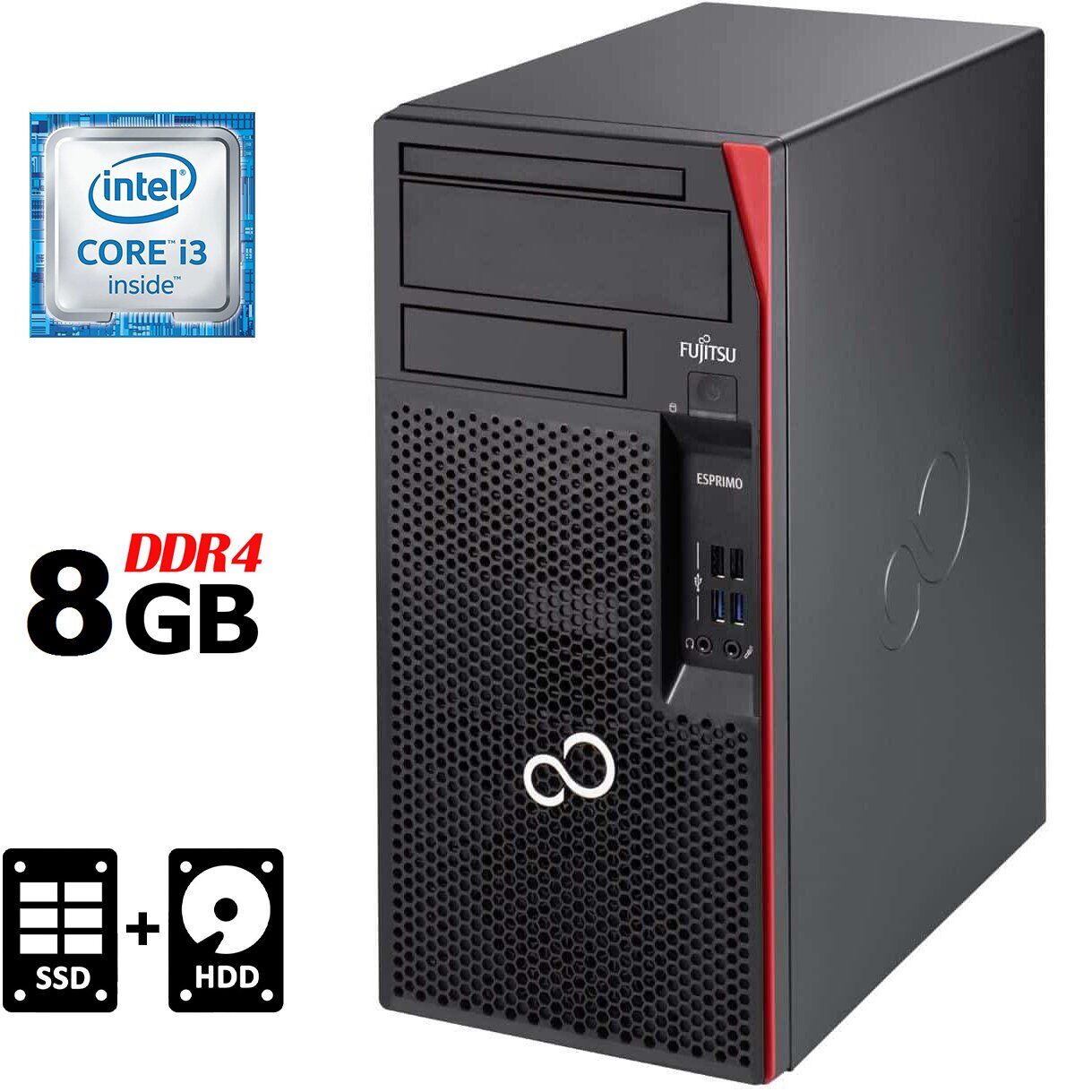 Комп'ютер Fujitsu Esprimo P557 Tower / Intel Core i3-6100 (2 (4) ядра по 3.7 GHz) / 8 GB DDR4 / 120 GB SSD + 500 GB HDD / Intel HD Graphics 530