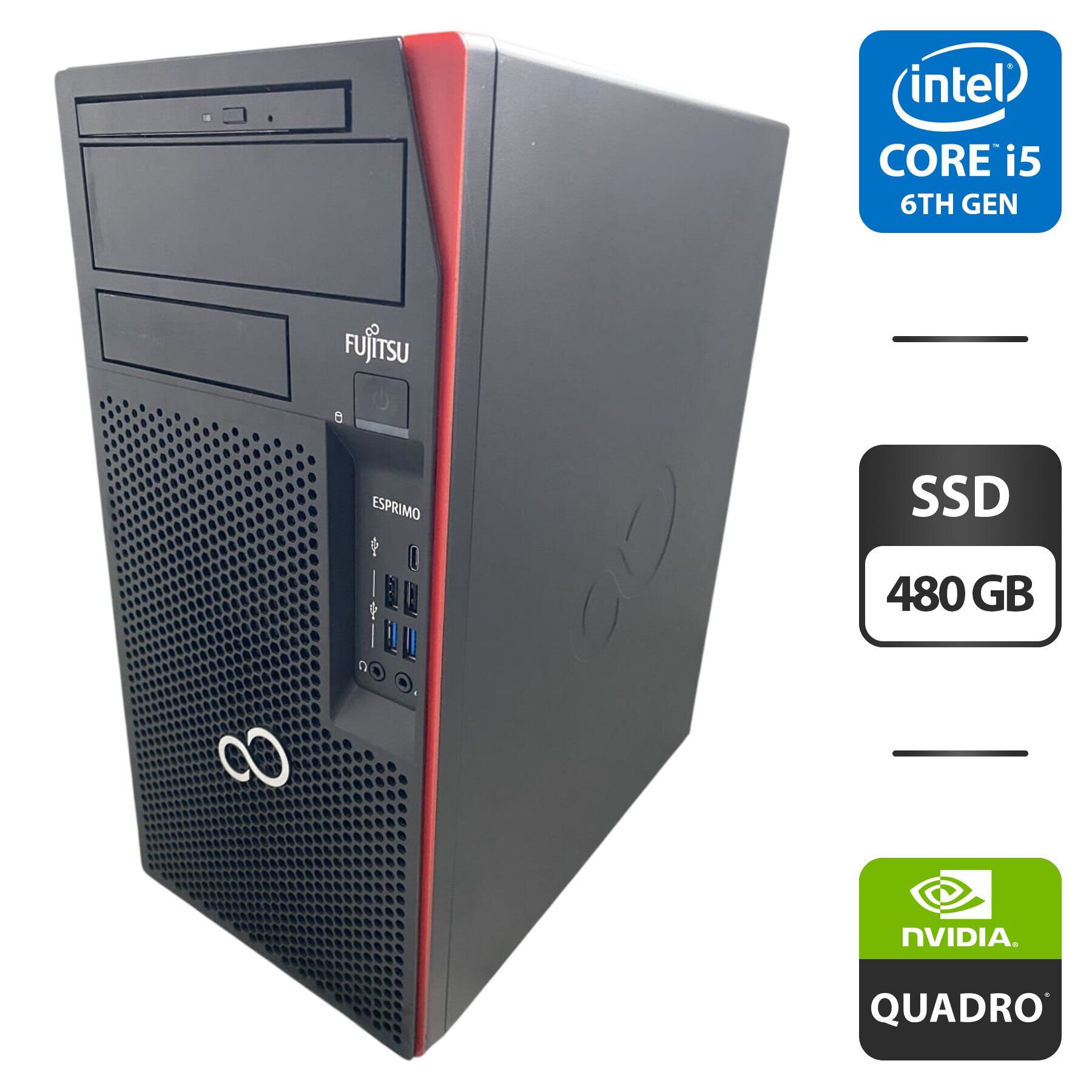 Комп'ютер Fujitsu Esprimo P757 E90 Tower / Intel Core i5-6500 (4 ядра по 3.2 - 3.6 GHz) / 16 GB DDR4 / 480 GB SSD / nVidia Quadro K1200, 4 GB GDDR5, 128-bit / DVD-ROM