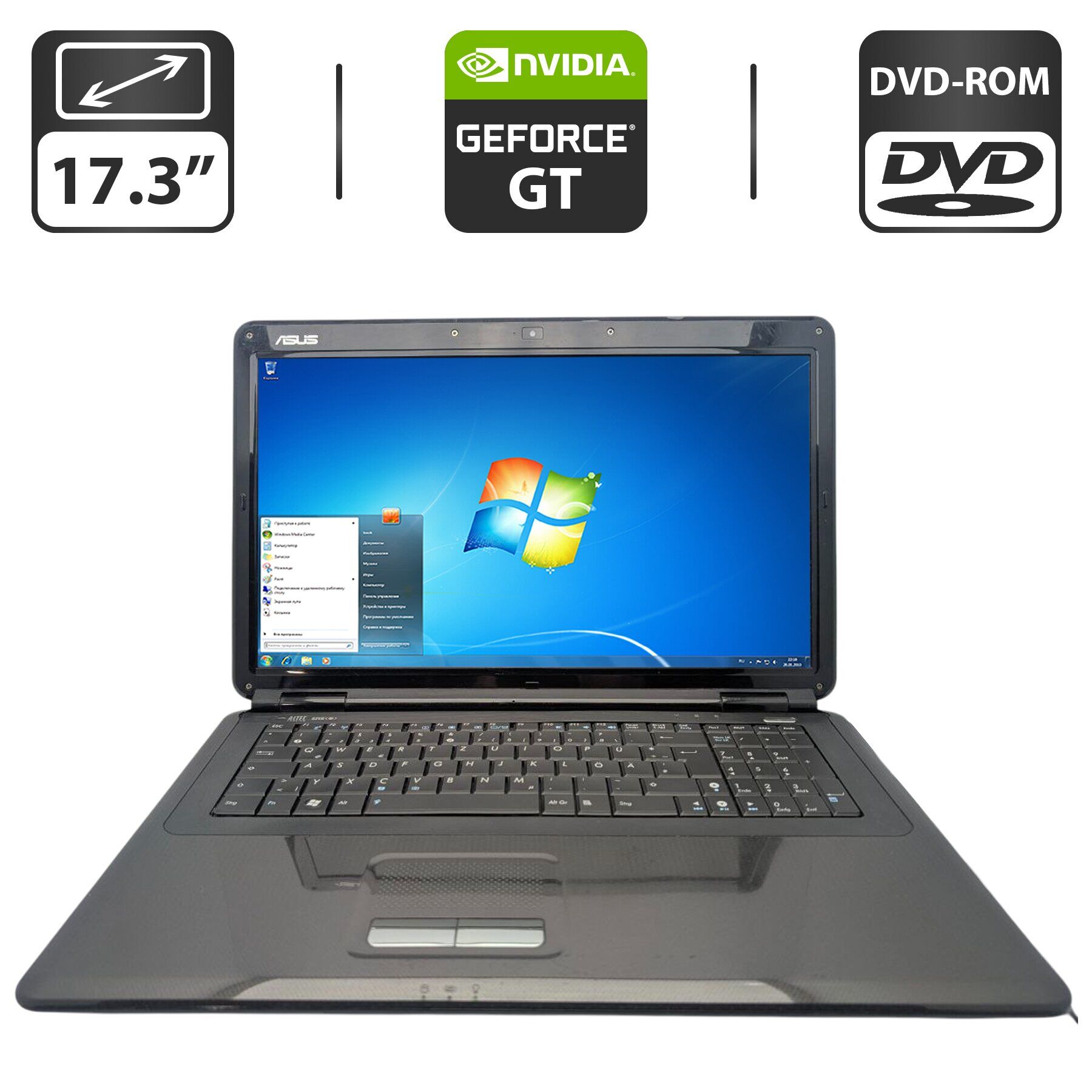 Ноутбук Asus X70I / 17.3" (1600x900) TN / Intel Pentium T4300 (2 ядра по 2.1 GHz) / 4 GB DDR2 / 500 GB HDD / nVidia GeForce GT 220M, 1 GB GDDR2, 128-bit / WebCam / DVD-ROM