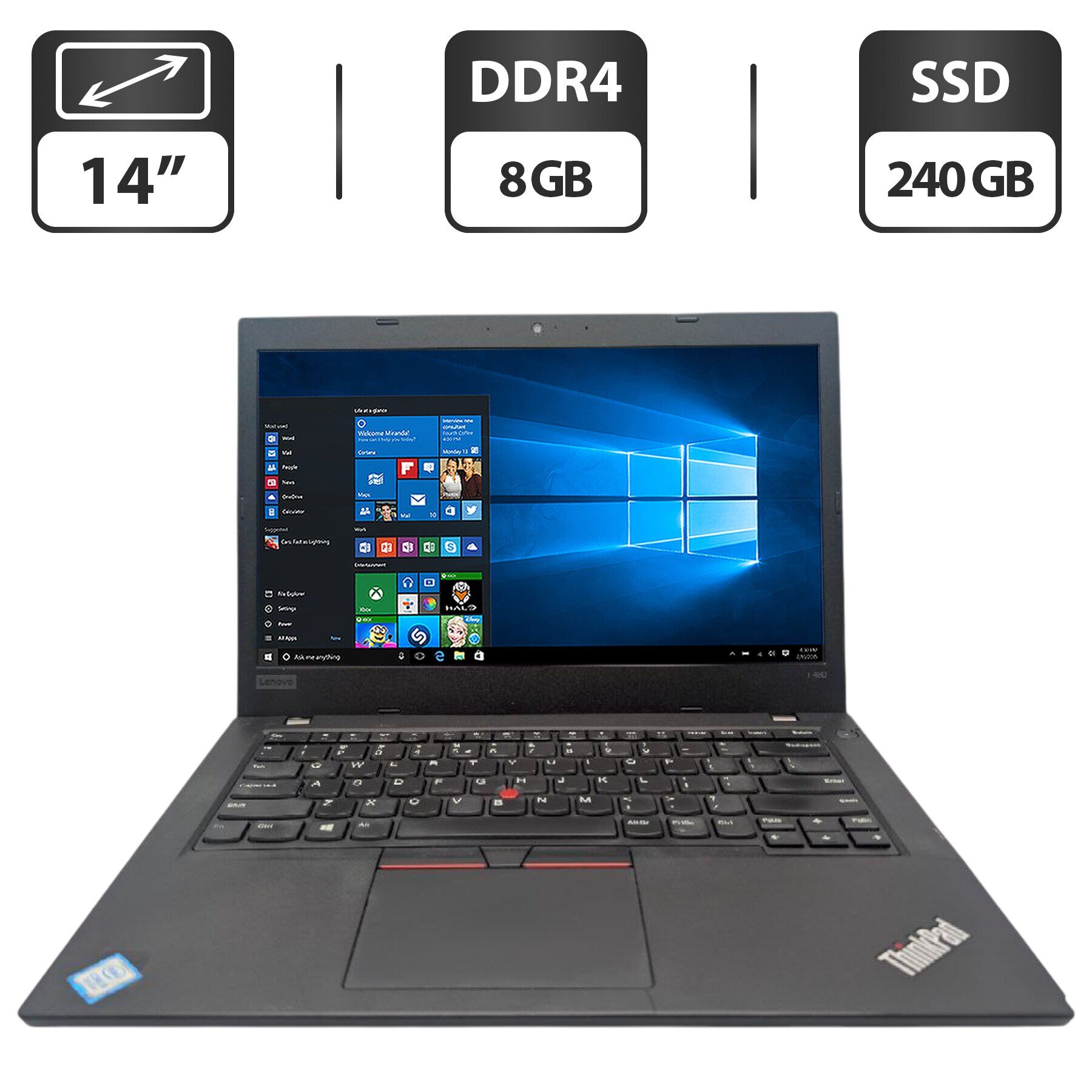 Ноутбук Б-клас Lenovo ThinkPad L480 / 14" (1366x768) TN / Intel Core i5-8250U (4 (8) ядра по 1.6 - 3.4 GHz) / 8 GB DDR4 / 240 GB SSD / Intel UHD Graphics 620 / WebCam