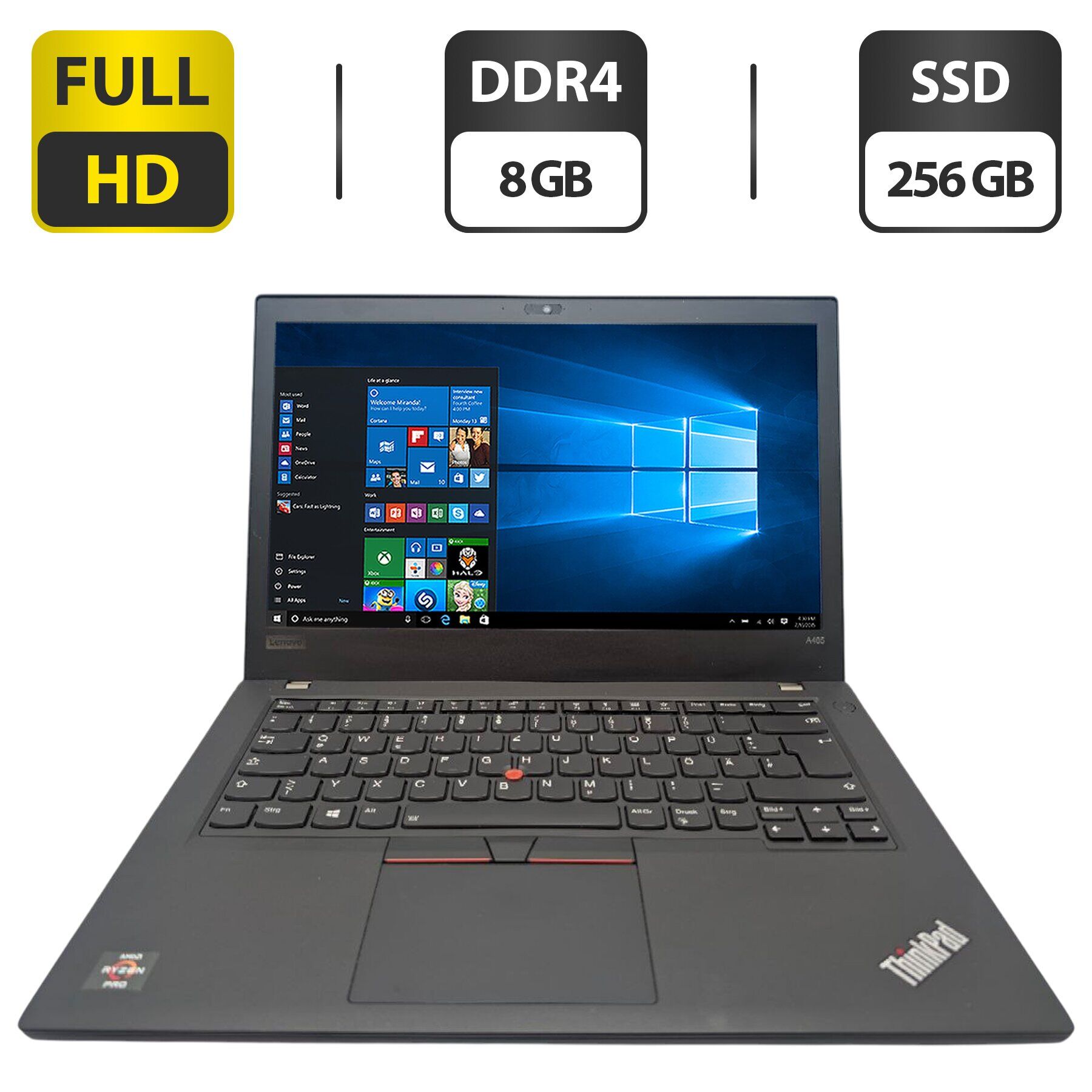 Ультрабук Lenovo ThinkPad A485 / 14" (1920x1080) IPS / AMD Ryzen 5 2500U (4 (8) ядра по 2.0 - 3.6 GHz) / 8 GB DDR4 / 256 GB SSD / AMD Radeon Vega 8 Graphics / WebCam